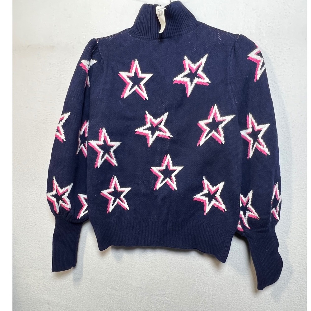 Gap Womens Navy Blue Pink Star Intarsia Mock Neck Puff Sleeve Sweater‎ S NEW